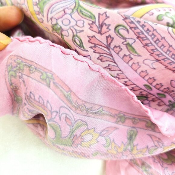 Women's Blush Pink Yellow Paisly 100% Silk Rectangular Scarf Wrap 70x19 - Picture 5 of 6